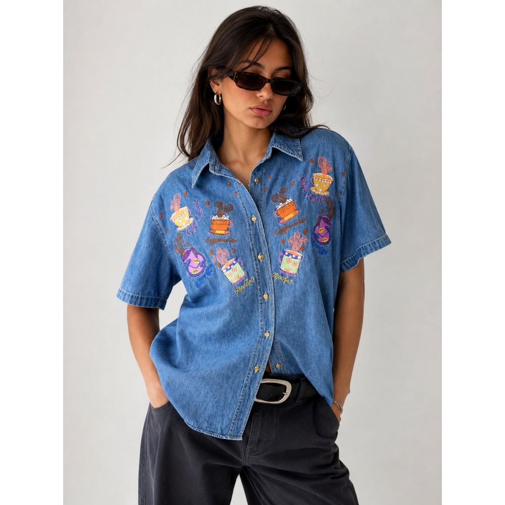 Y2K Kitsch Coffee Lover Embroidered Denim Shirt Quizz Again Medium Novelty Print